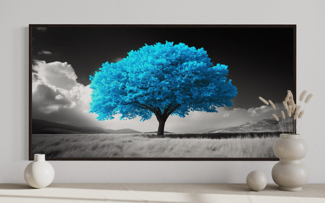 Blue Tree on Black White Background Framed Canvas Wall Art close up