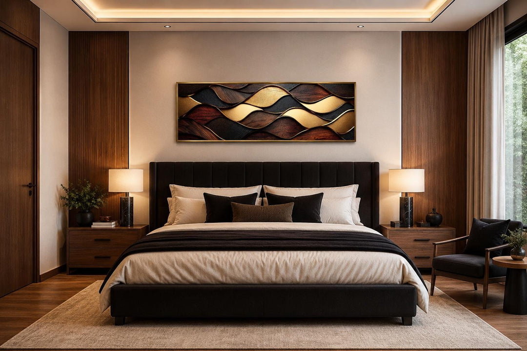 Long horizontal abstract wood texture canvas with brown and gold geometric waves above a bed.
