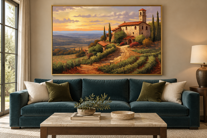 Framed canvas wall art of a Tuscan landscape with a stone villa above a teal sofa in a living room.