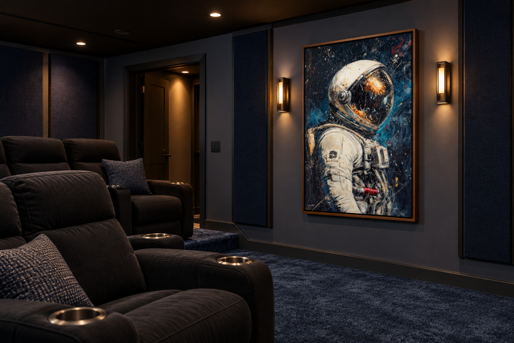 Astronaut Graffiti Framed Canvas Wall Art in a walnut frame on a dark home theater wall.