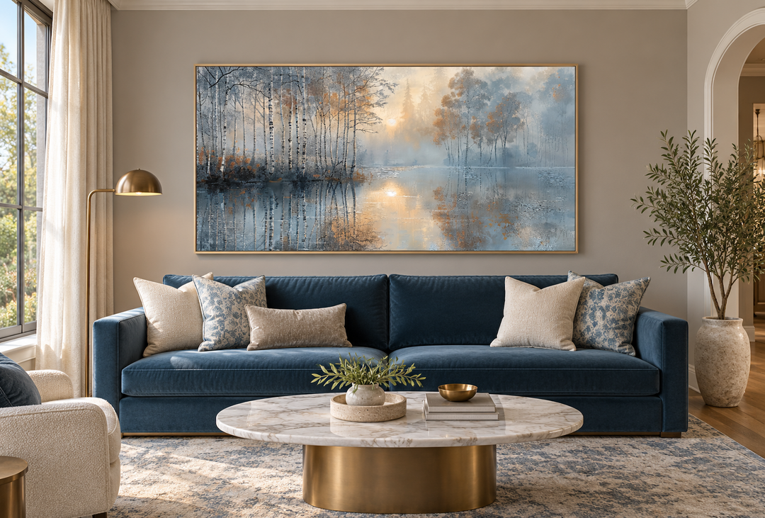 Horizontal birch tree forest landscape canvas in silver and gold tones above a blue velvet sofa.
