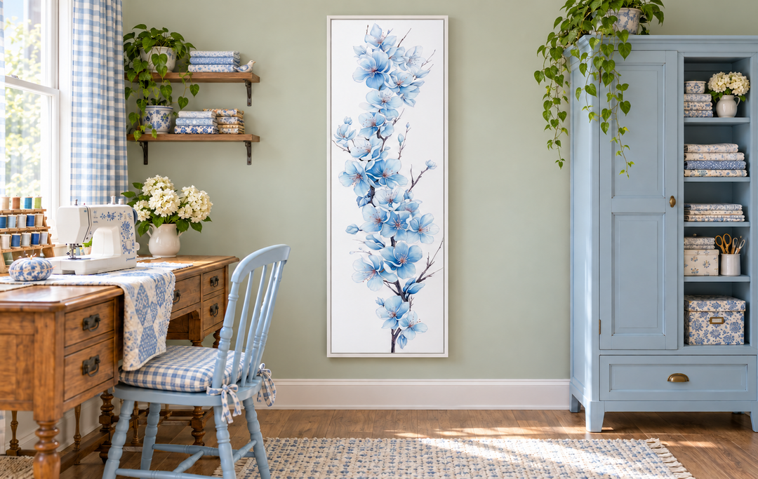 Vertical narrow canvas wall art featuring blue watercolor sakura blossoms on a white background.