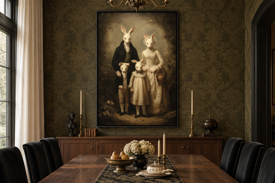 Gerahmtes Leinwandbild „Rabbit Cult Family“ im viktorianischen Stil 
