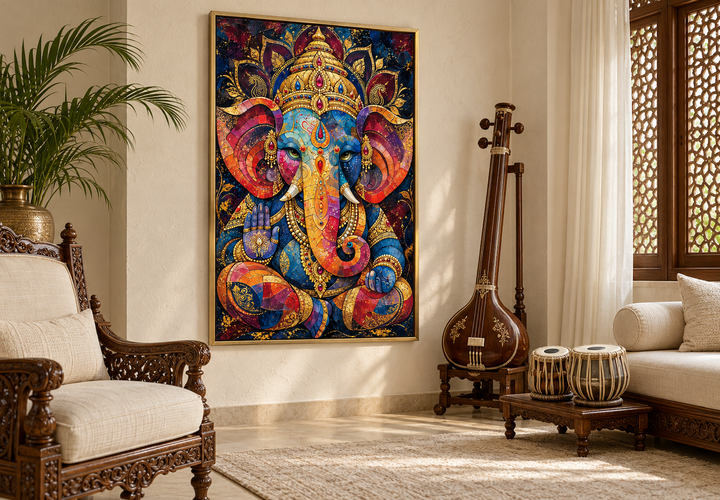Colorful modern Lord Ganesha framed canvas wall art in a living room with Indian musical instruments.