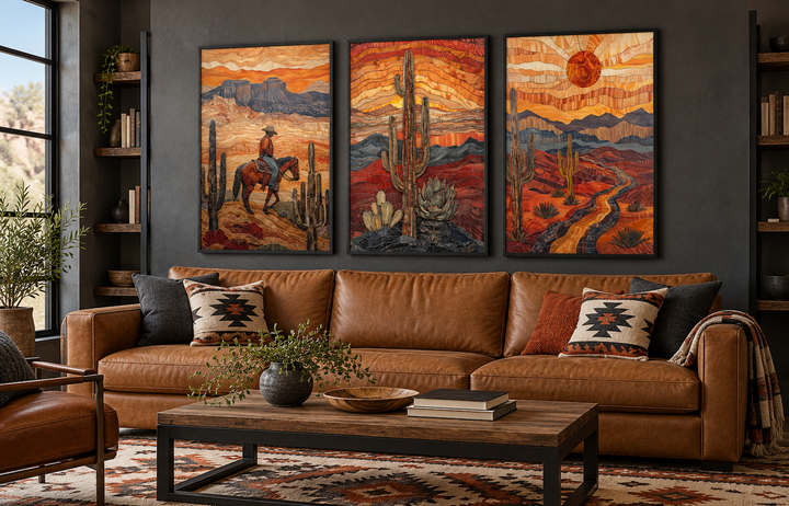 3 piece southwestern canvas wall art set with cowboy, saguaro cactus, and Arizona desert sunset.