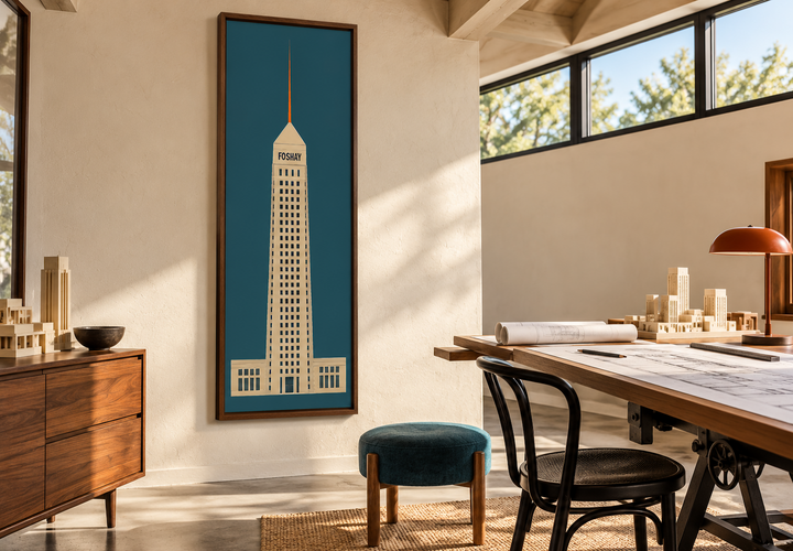 Tall vertical minimalist painting of the Foshay Tower in a walnut frame on a neutral wall.