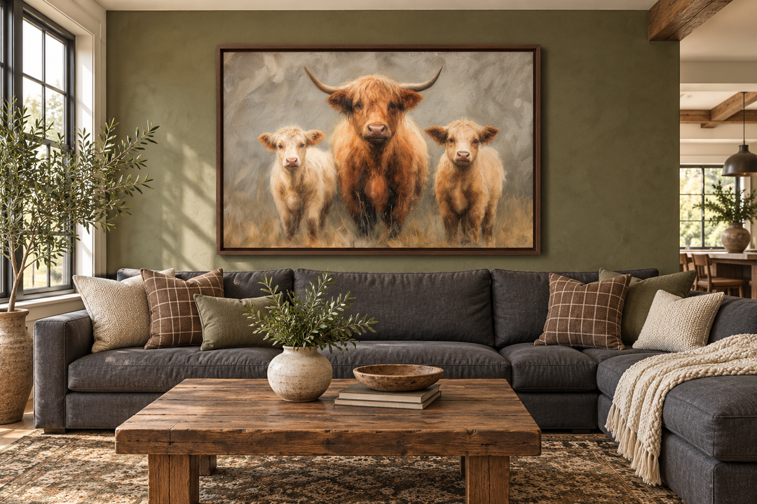 Highland Cow and Two Calves canvas wall art in a walnut frame above a dark gray sofa.