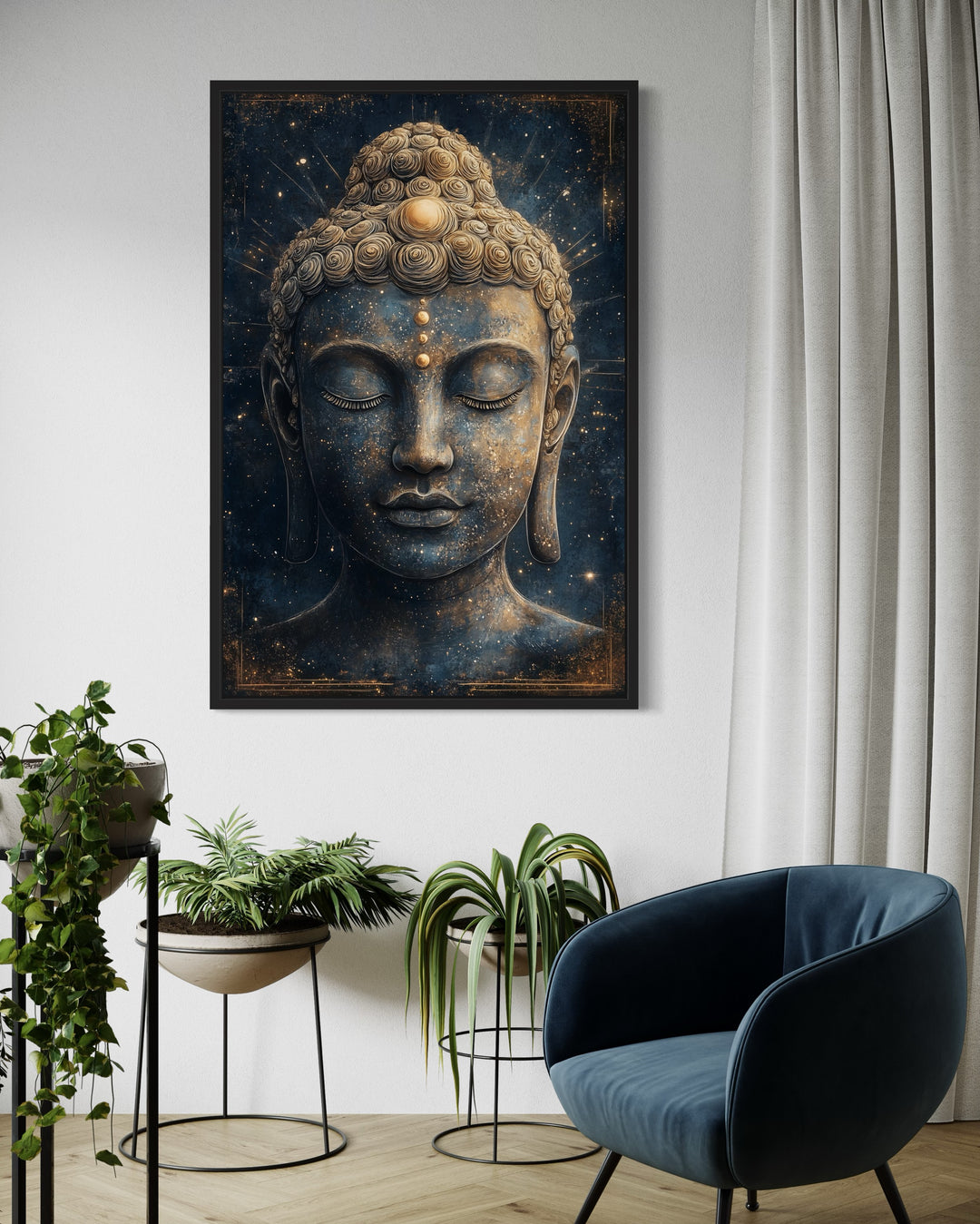 Navy Blue Buddha Statue Zen Cosmic Framed Canvas Wall Art in a room with a chair