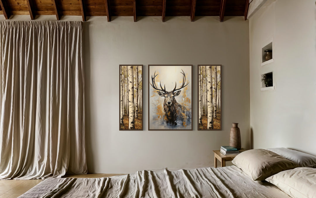 Set Of 3 Deer Flanked By Trees Framed Canvas Wall Art For Cabin Decor