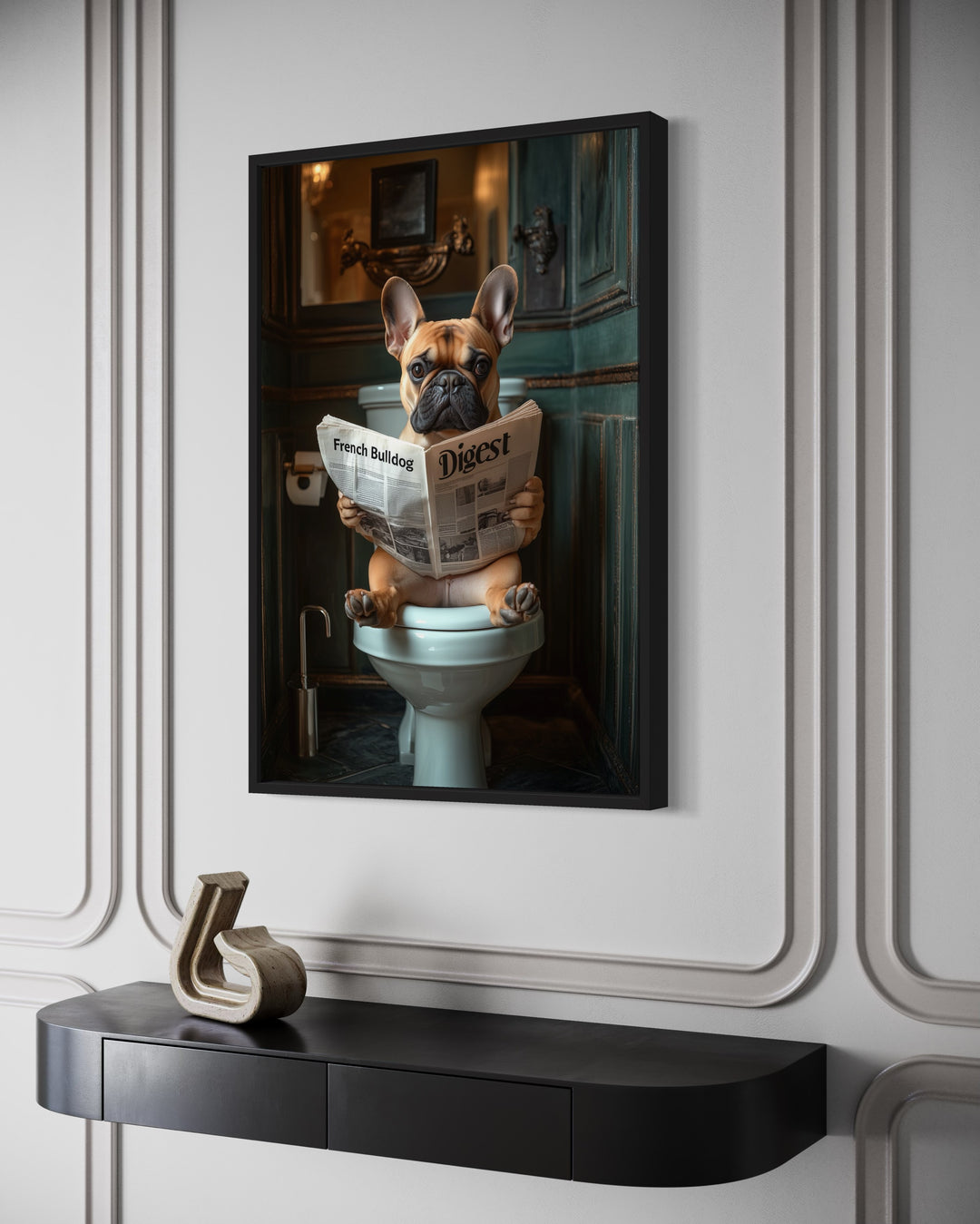 Fawn French Bulldog On The Toilet Reading Newspaper wall art side view