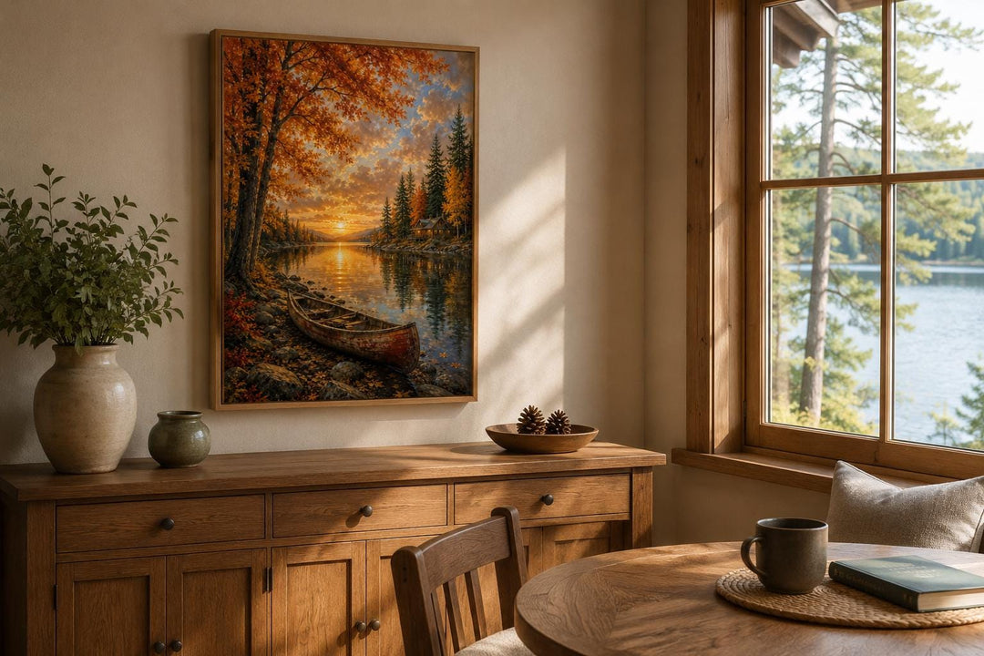 Canoe In Autumn Lake Wall Art - Fall Painting | Vertical Canvas Print, Rustic Cabin Decor
