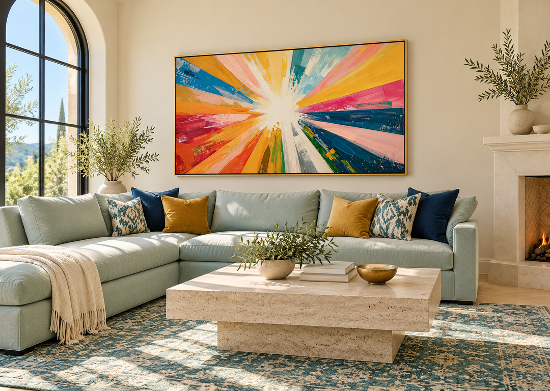Boho sun rays wall art in a gold frame above a mint sectional sofa in a modern living room.