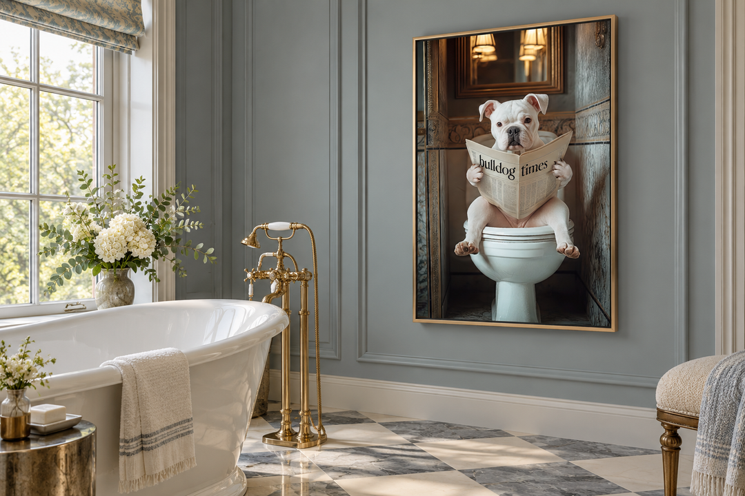 Framed wall art of an American Bulldog on a toilet reading a newspaper in a classic bathroom.