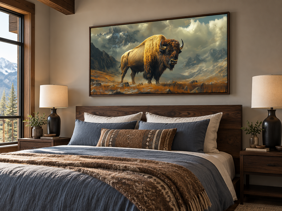 Framed canvas wall art of an American bison in a mountain landscape above a rustic bed.