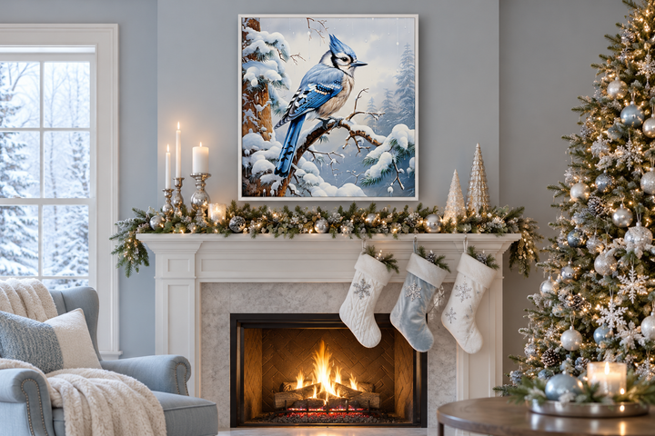 Blue Jay In Snow Winter Framed Canvas Wall Art For Christmas Decor