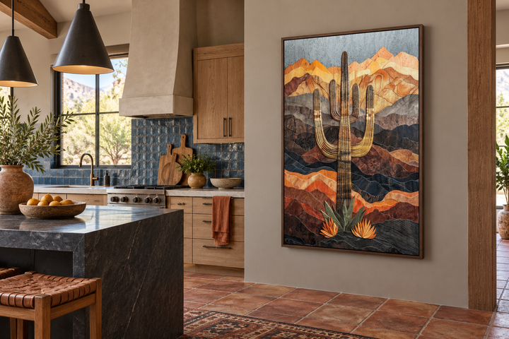 Saguaro cactus wood-style wall art in a walnut frame, hanging in a southwestern kitchen.