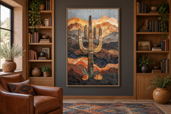 Saguaro cactus in the desert wood style southwestern wall art in a framed canvas on a dark wall.