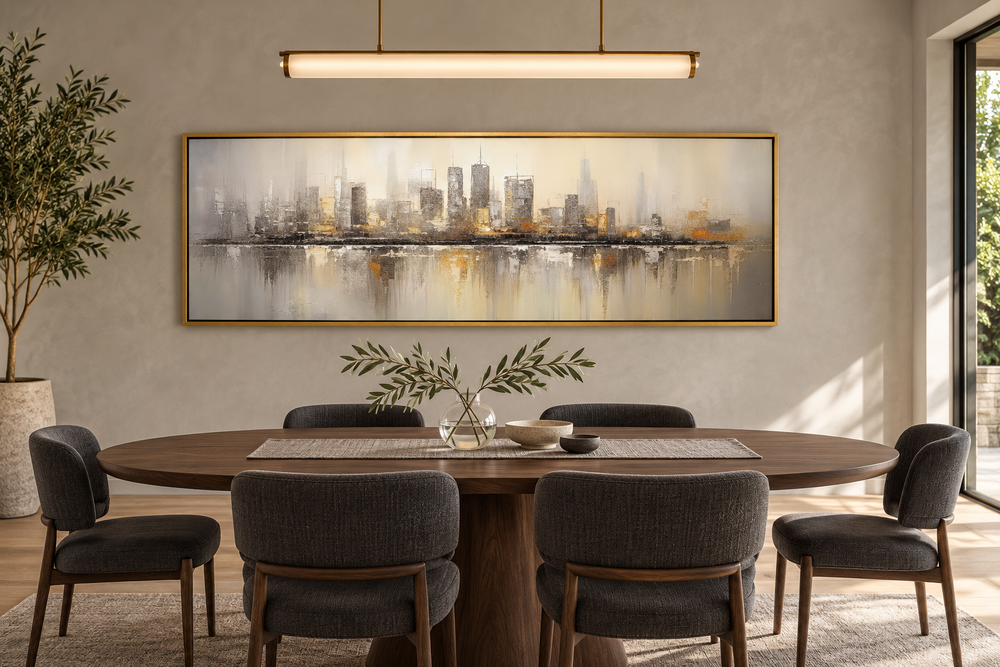 Horizontal abstract Chicago skyline wall art in gold and silver framed above a dining table.