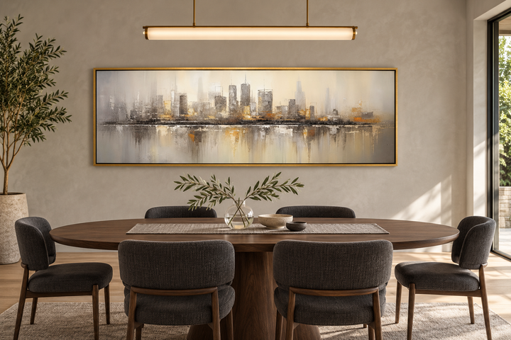 Horizontal abstract Chicago skyline wall art in gold and silver framed above a dining table.