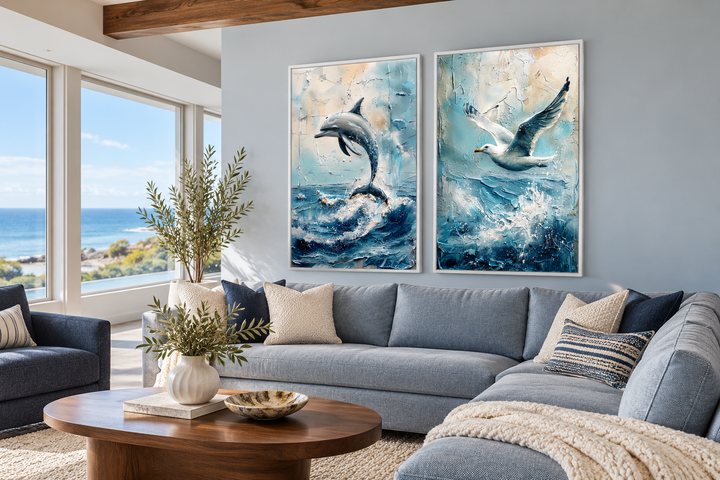 Set of 2 abstract framed canvas wall art featuring a dolphin and a seagull in coastal blue tones.