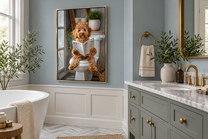 Framed wall art of a Cockapoo dog sitting on a toilet reading a newspaper in a modern bathroom.