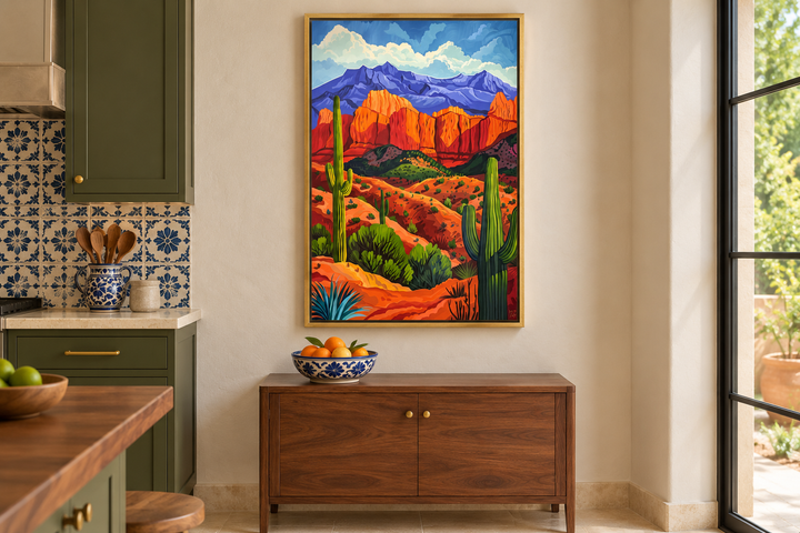 Colorful desert and saguaro cactus framed canvas wall art hanging in a kitchen above a wood cabinet.