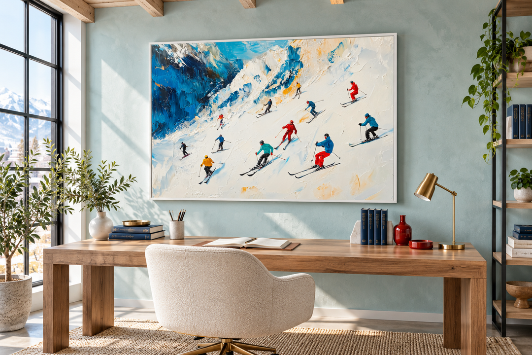 Colorful Skiers on Mountain Slope Framed Canvas Wall Art above a wooden desk in a sunlit office.