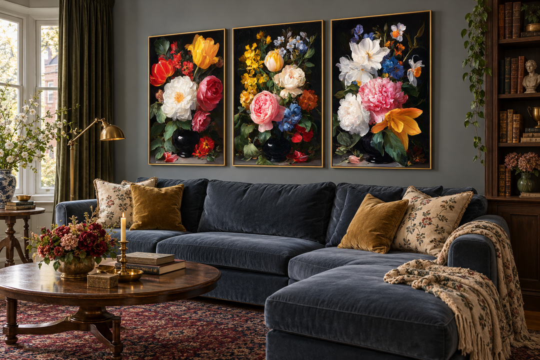 Set of 3 dark academia vintage botanical floral canvas prints above a blue velvet sectional sofa.