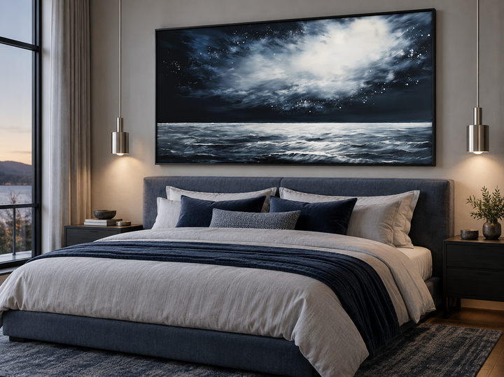Dark horizontal starry night ocean seascape framed canvas wall art hanging above a modern bed.