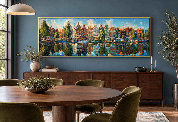 Dutch Houses And Canal Panoramic Framed Canvas Wall Art