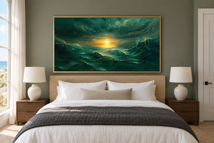 Abstract emerald green and gold ocean wave framed canvas wall art hanging above a bed.