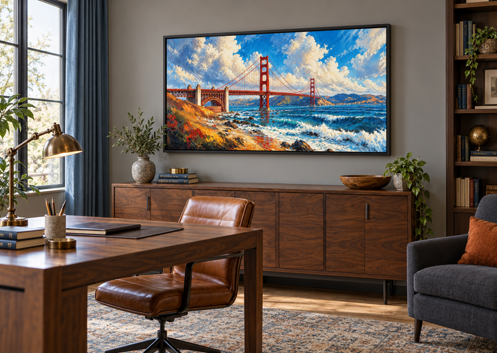 Framed oil painting of the Golden Gate Bridge in a modern office above a wooden sideboard.