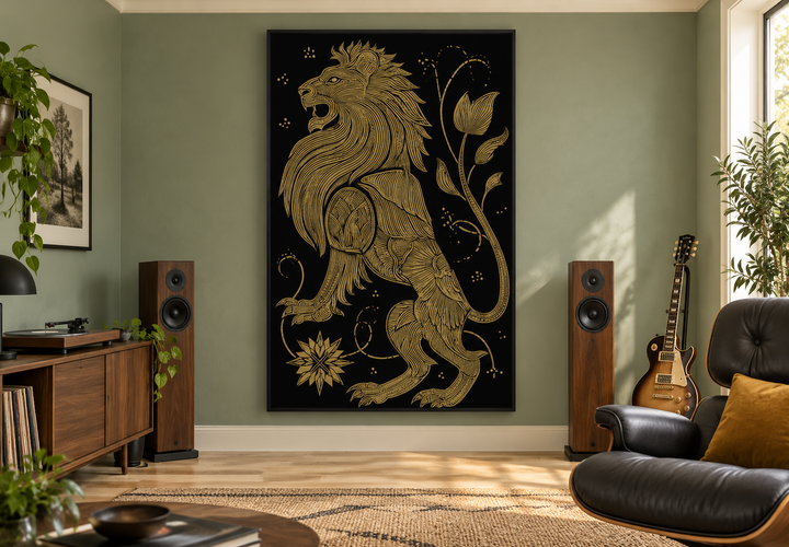 Heraldic lion wall art in black and gold hanging in a modern living room with speakers and guitar.