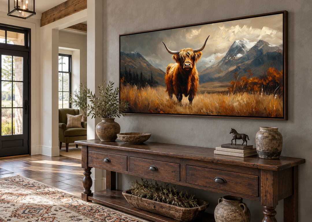 Leinwandbild „Highland Cow“ auf brauner Landschaft, gerahmt