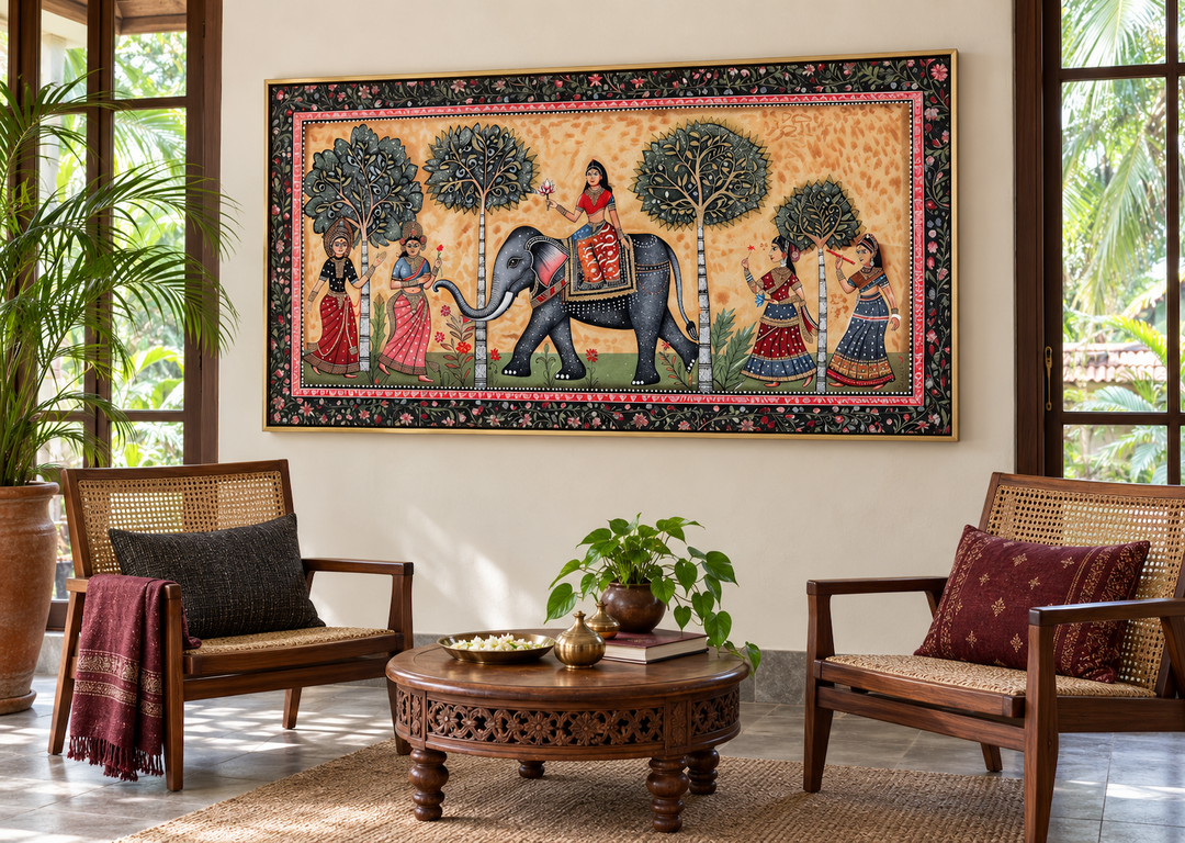 Indian Elephant Madhubani style framed canvas wall art in a traditional living room setting.