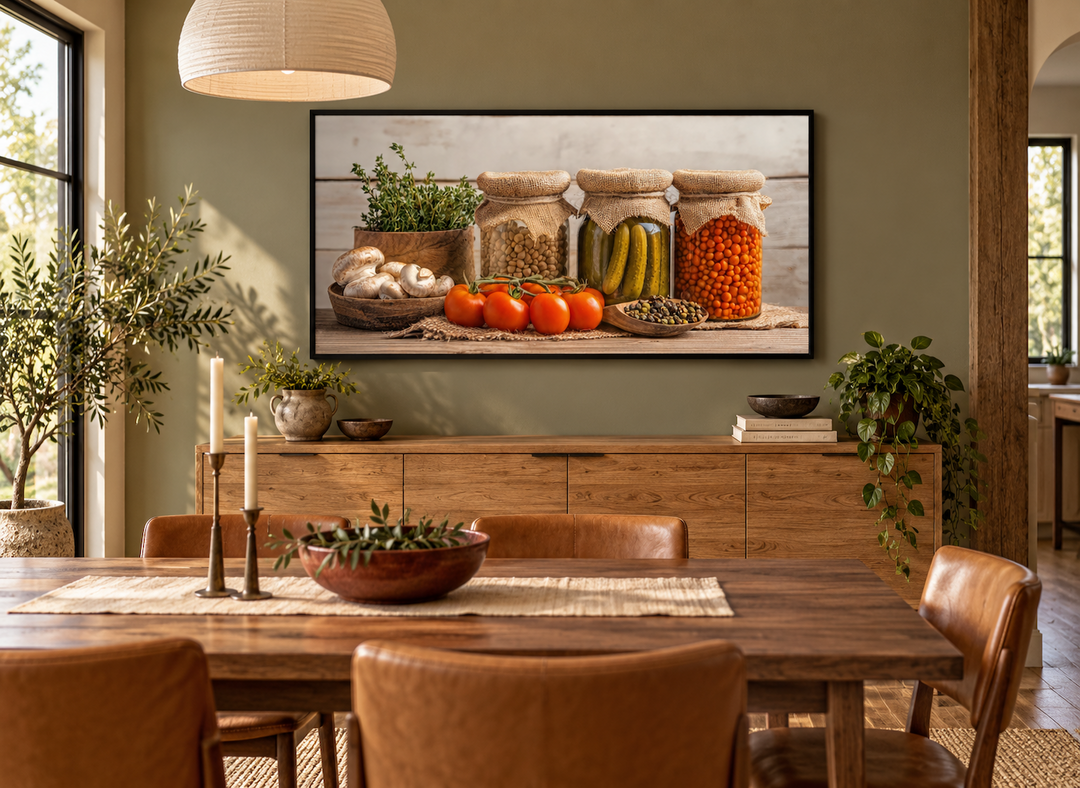 Spices and pickles framed canvas wall art hanging above a wooden sideboard in a dining room.