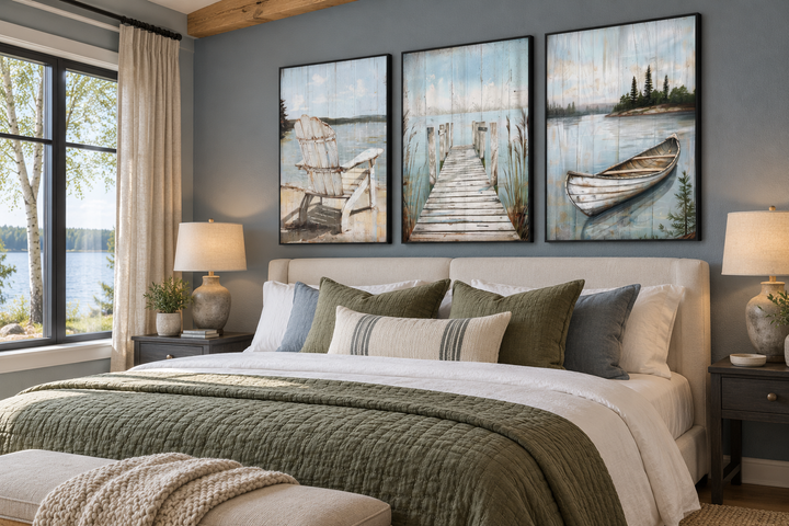 Set of 3 rustic lake house wall art featuring a fishing dock, old boat, and Adirondack chair.