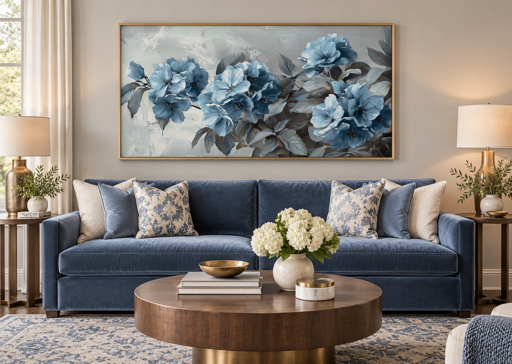 Large horizontal canvas print of abstract blue flowers on a grey background above a blue sofa.