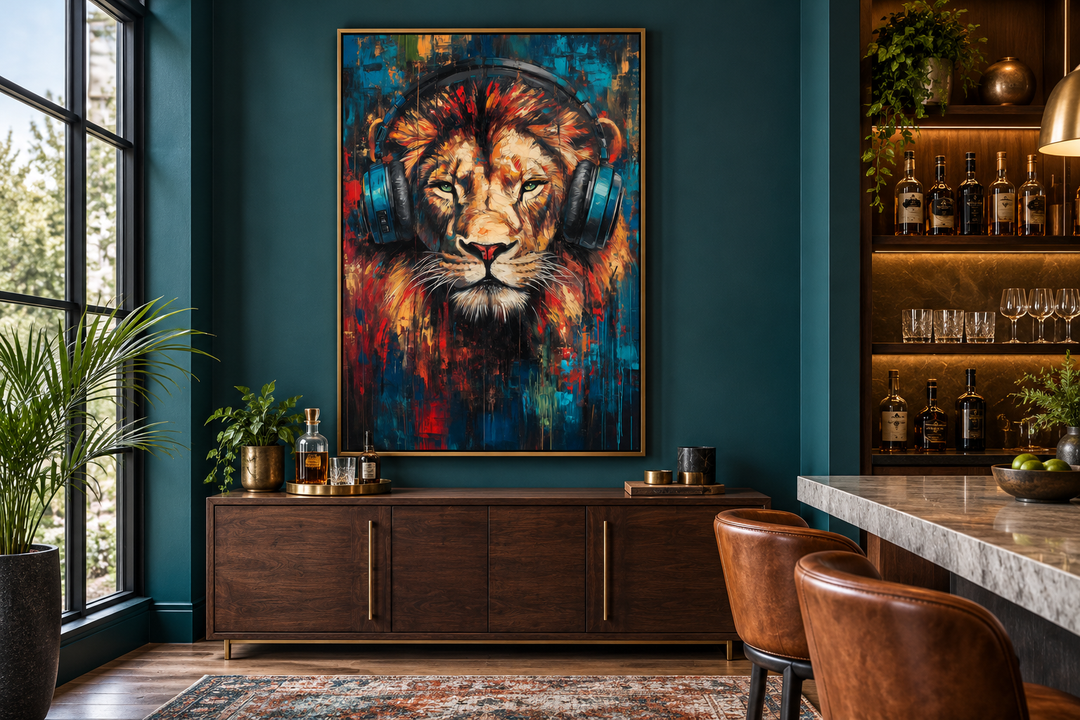 Lion DJ with headphones framed wall art in a gold frame above a dark wood sideboard in a home bar.