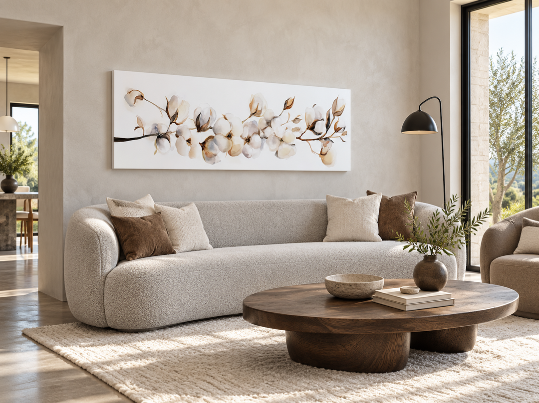 Long horizontal canvas wall art featuring neutral cotton plant painting above a modern sofa.