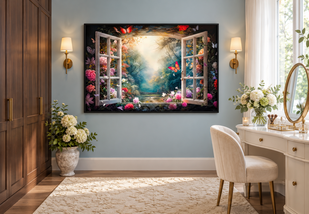 Enchanted forest view from an open window wall art with flowers and butterflies in a black frame.