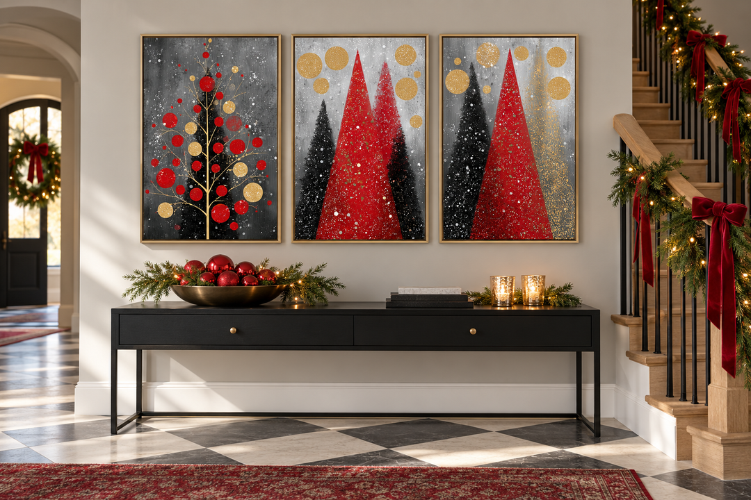 Modern Christmas wall art set of 3 featuring red and black holiday tree canvas prints in gold frames