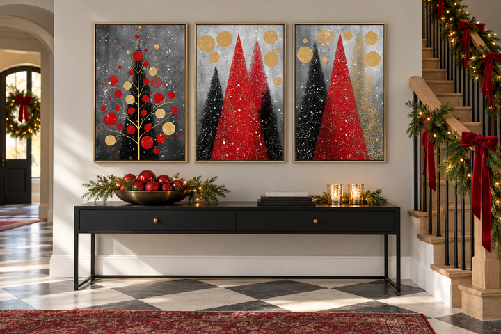 Modern Christmas wall art set of 3 featuring red and black holiday tree canvas prints in gold frames