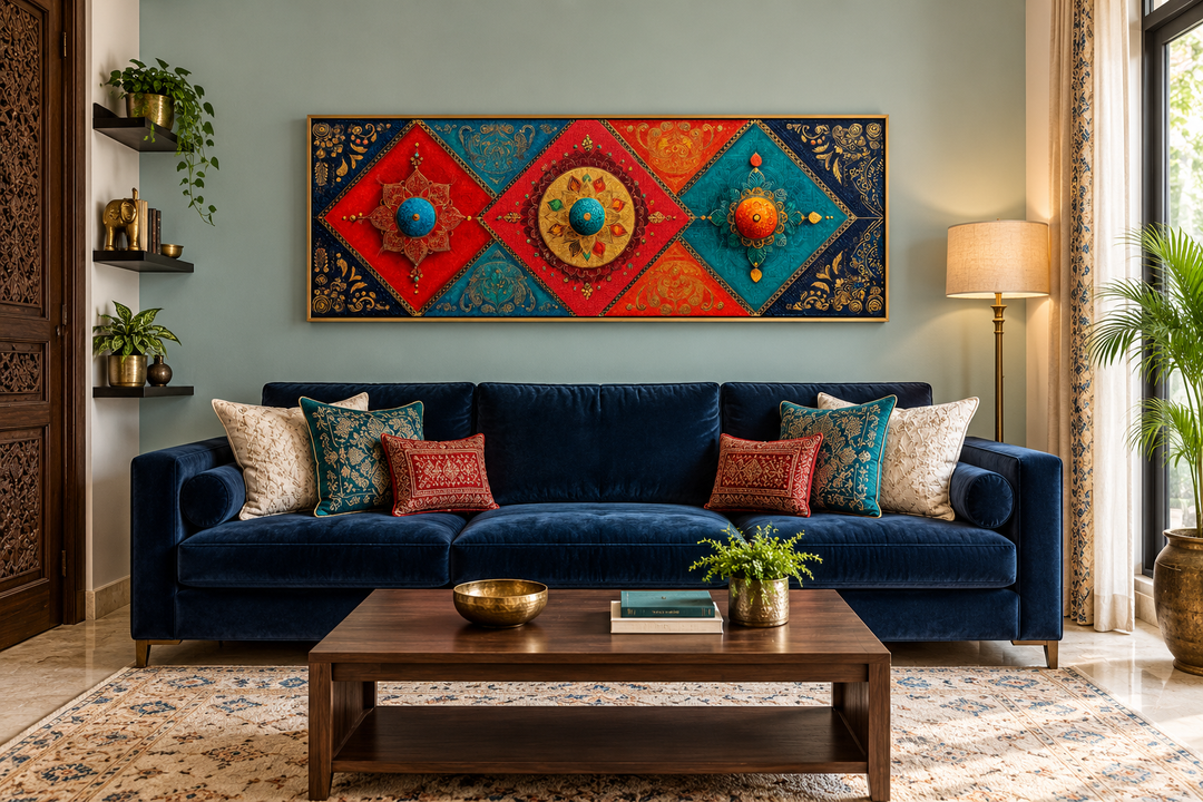 Modern long horizontal Indian canvas wall art with colorful diamond patterns above a blue sofa.