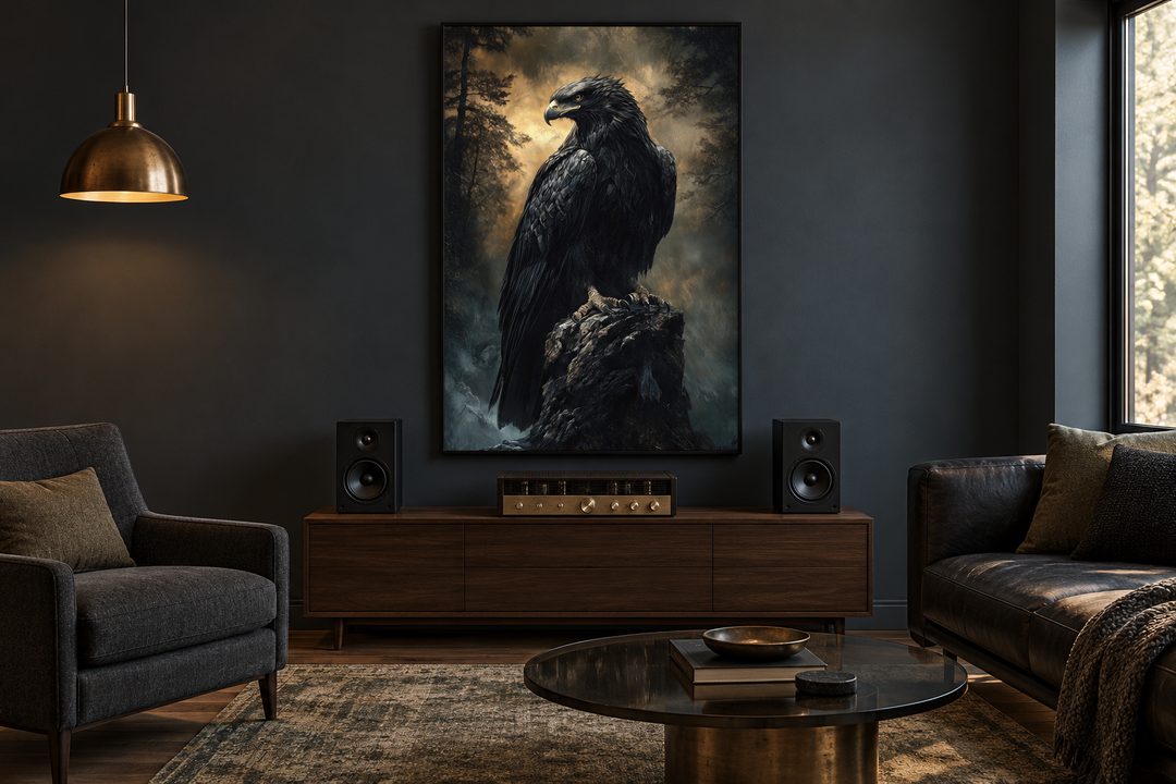 Moody dark gothic eagle framed canvas wall art hanging above a wooden console in a dark living room.