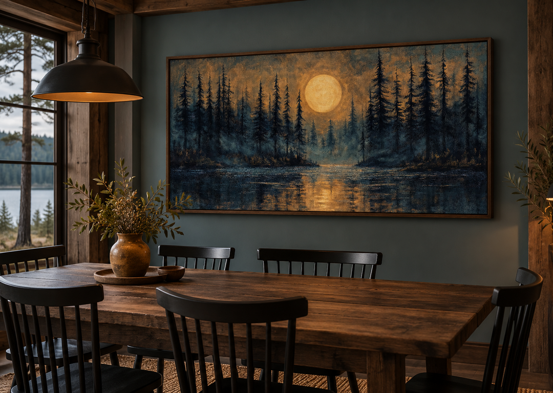 Moody Moon Over Pine Forest And Lake At Night Wall Art in a walnut frame above a dining table.