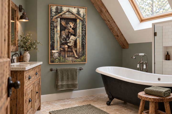 Moose in outhouse reading newspaper wall art in a rustic bathroom with a clawfoot tub.