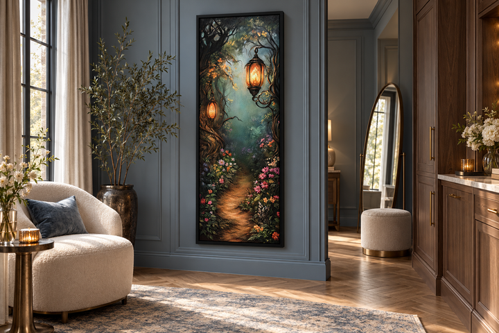 Tall narrow wall art of an enchanted forest pathway with glowing lanterns in a black frame.