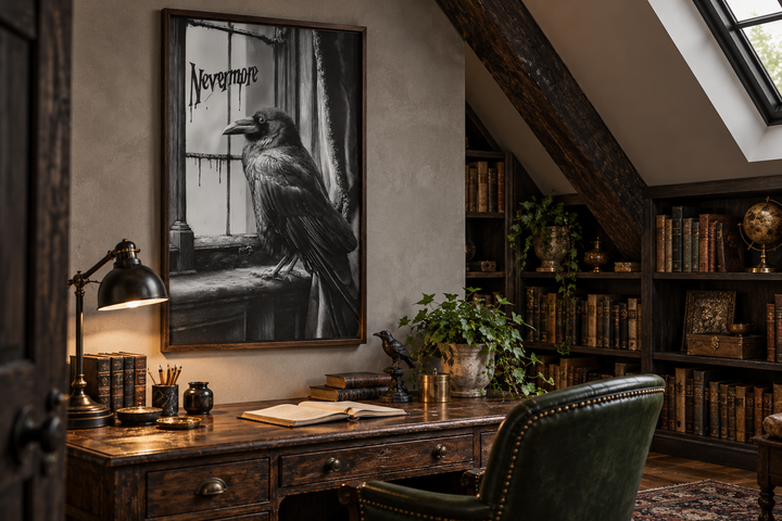 Nevermore gothic wall art with a raven in a dark academia library above a vintage wooden desk.