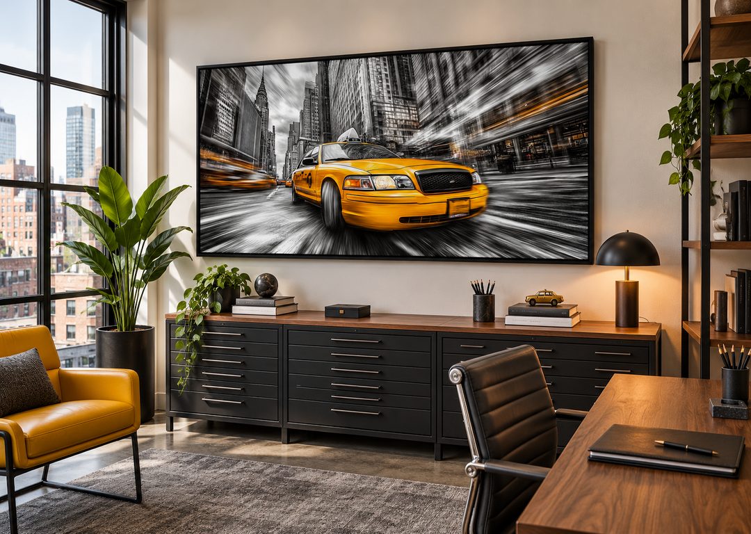 New York City yellow taxi graffiti style canvas wall art in a black frame above a desk.